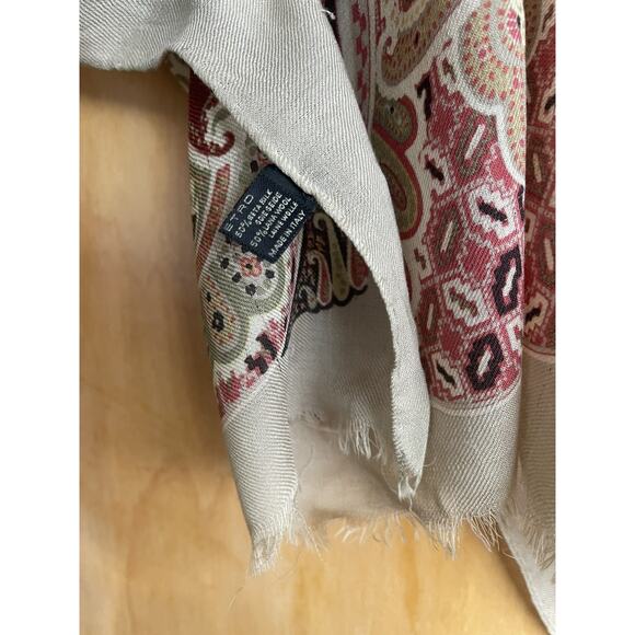 ETRO Silk Wool Paisley Scarf Multicolor Damage Tan Brown Green - Picture 2 of 7